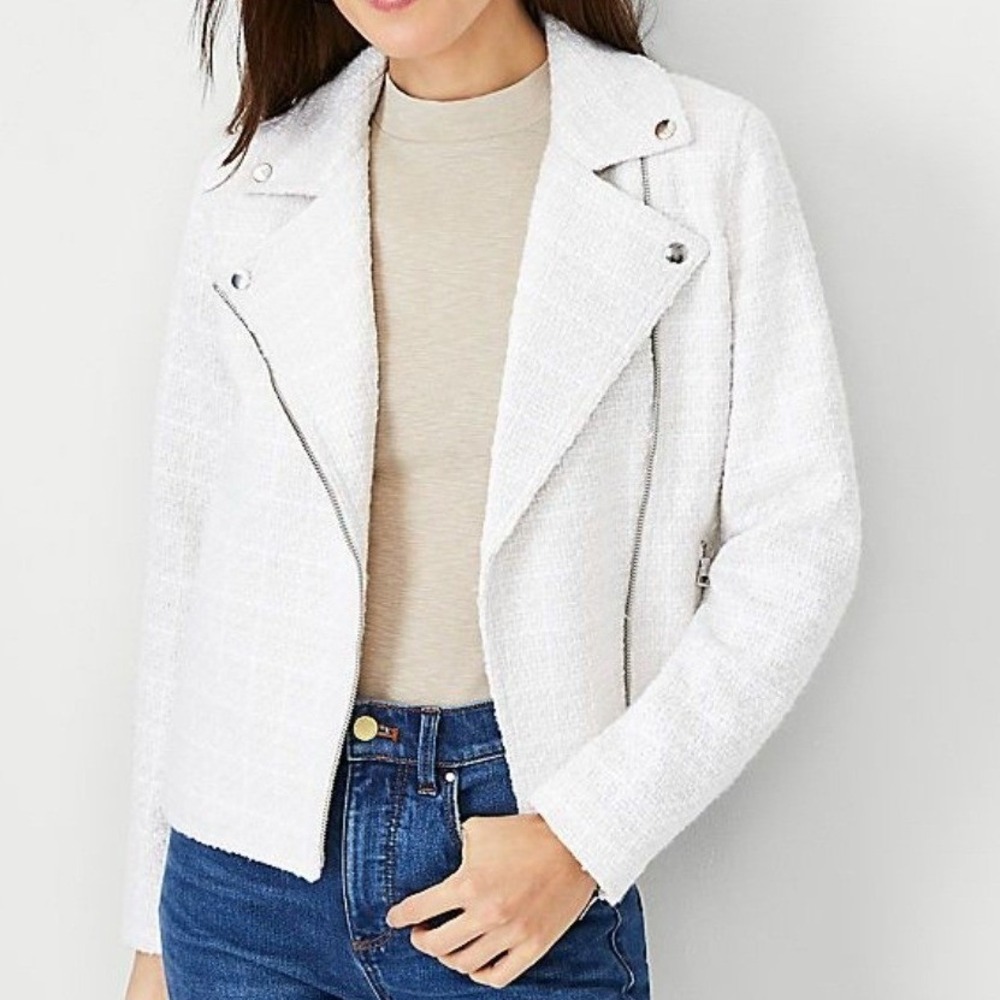 Ann Taylor Tweed Moto Jacket Ivory White Textured Asymmetric Zip Blazer Size 10
